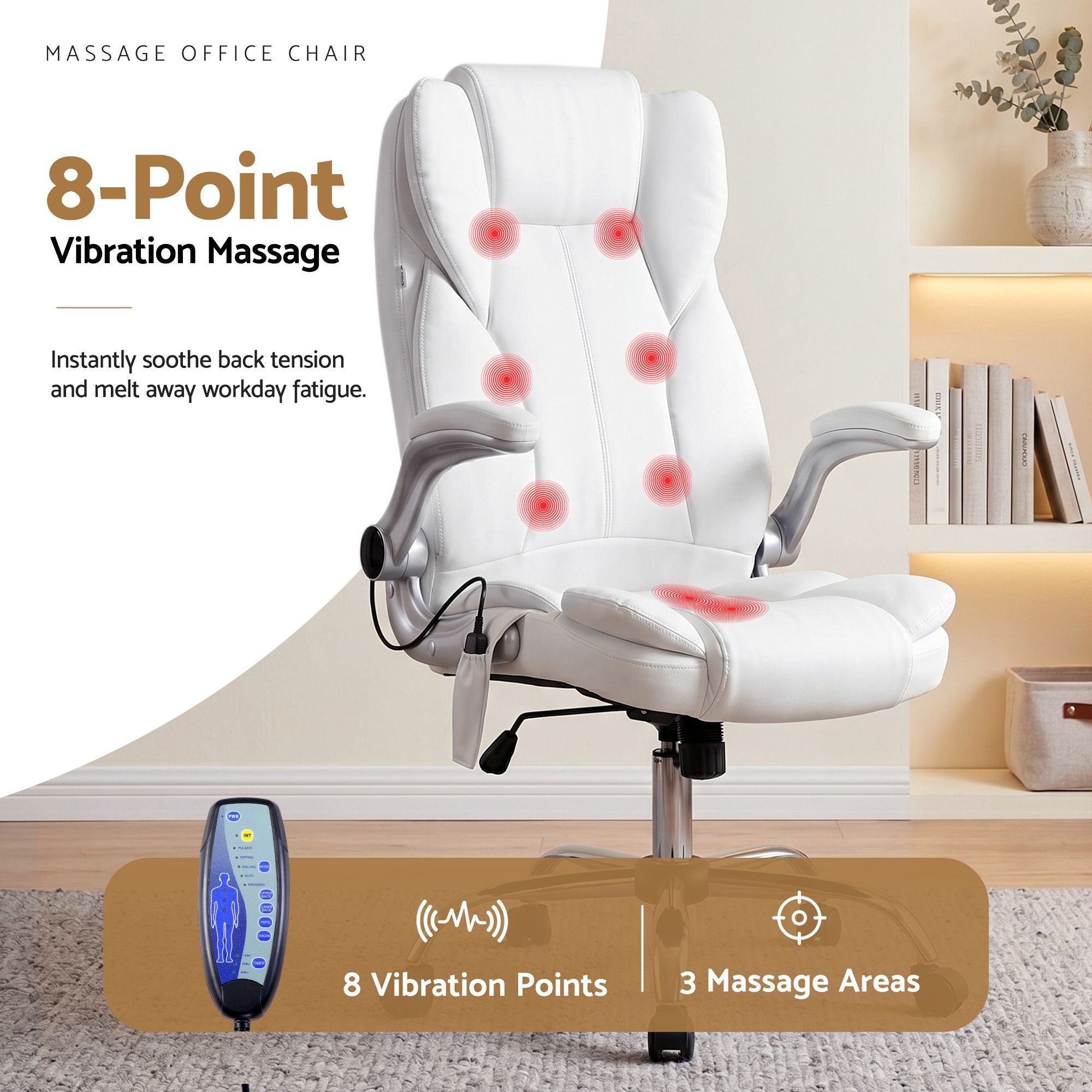 Artiss 8 Point Massage Office Chair PU Leather White-Furniture > Office-PEROZ Accessories