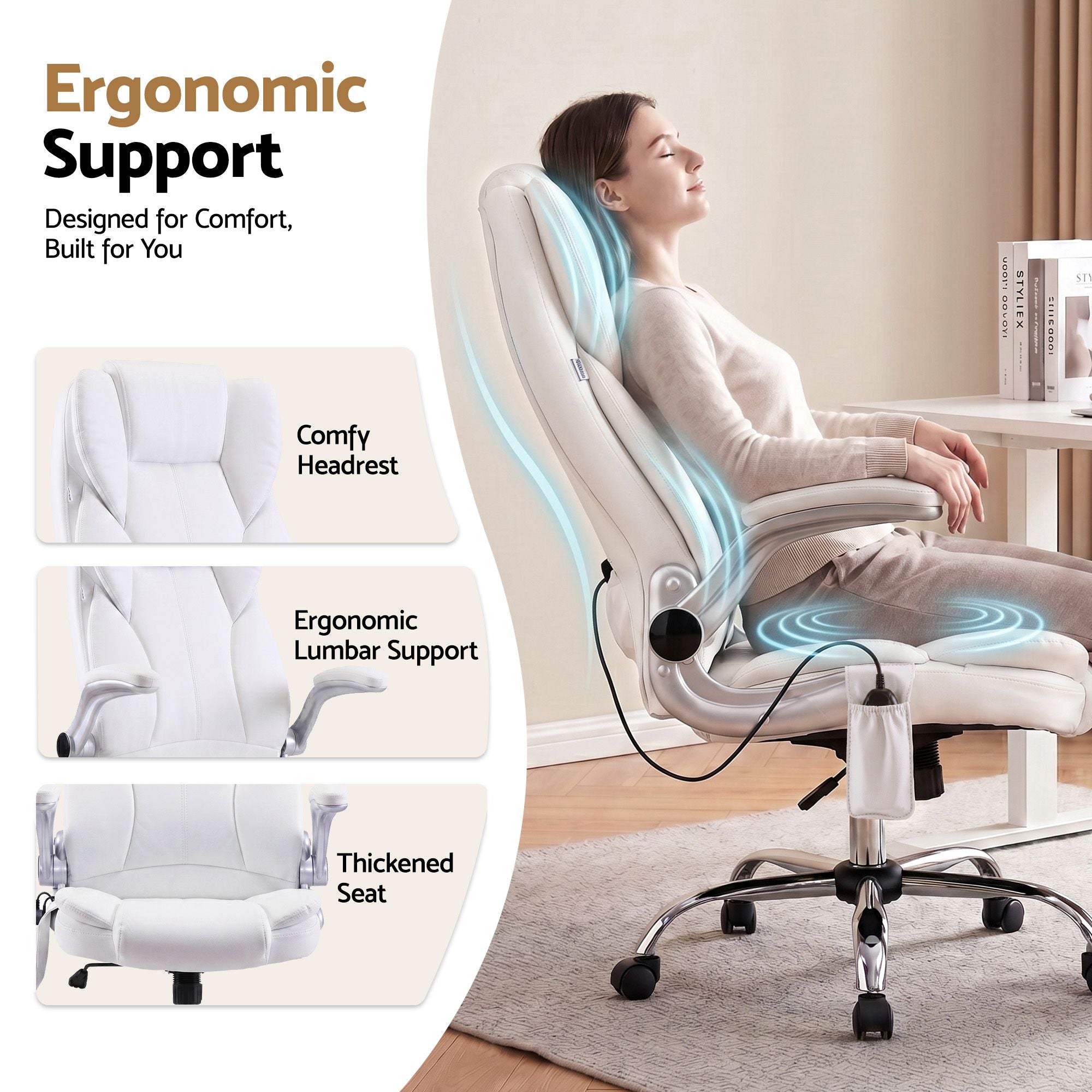 Artiss 8 Point Massage Office Chair PU Leather White-Furniture > Office-PEROZ Accessories