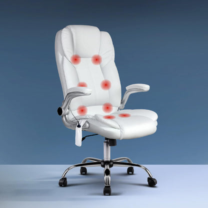 Artiss 8 Point Massage Office Chair PU Leather White-Furniture &gt; Office-PEROZ Accessories