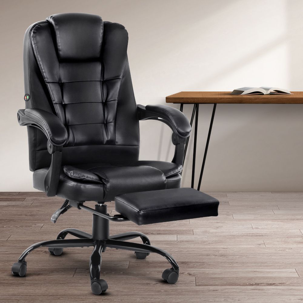 Artiss 2 Point Massage Office Chair PU Leather Footrest Black-Furniture > Office-PEROZ Accessories