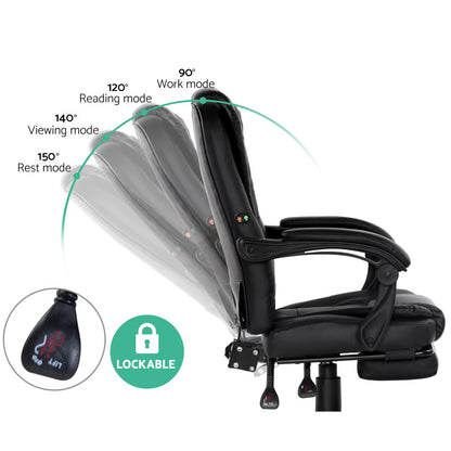 Artiss 2 Point Massage Office Chair PU Leather Footrest Black-Furniture &gt; Office-PEROZ Accessories