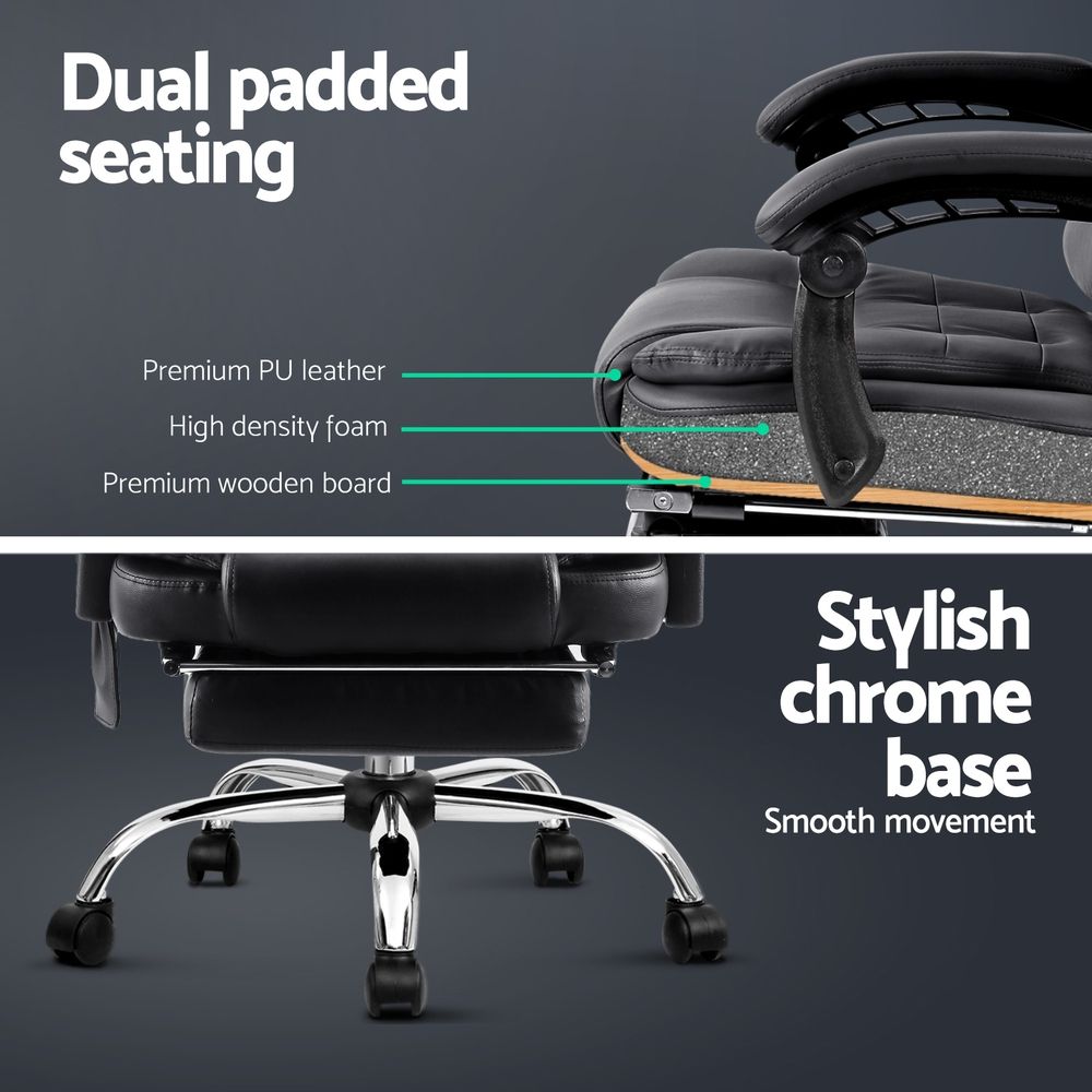 Artiss 8 Point Massage Office Chair PU Leather Footrest Black-Furniture > Office-PEROZ Accessories
