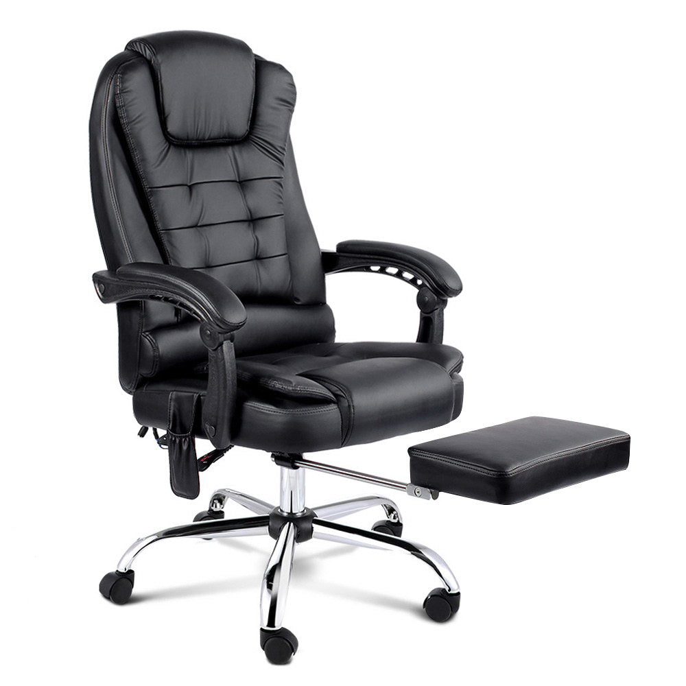 Artiss 8 Point Massage Office Chair PU Leather Footrest Black-Furniture &gt; Office-PEROZ Accessories