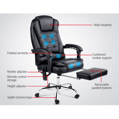 Artiss 8 Point Massage Office Chair PU Leather Footrest Black-Furniture &gt; Office-PEROZ Accessories