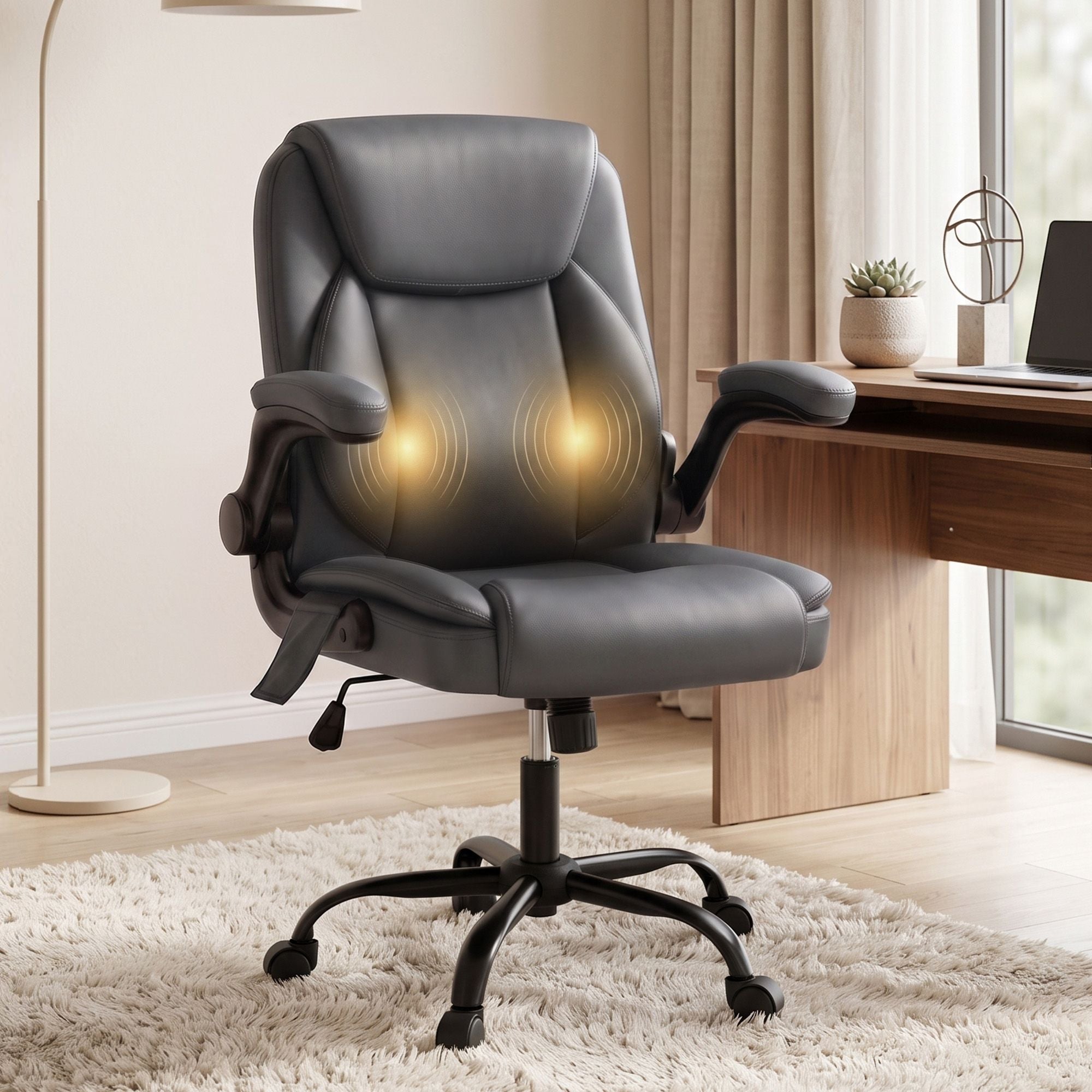 Artiss 2 Point Massage Office Chair Leather Mid Back Grey-Furniture > Office-PEROZ Accessories