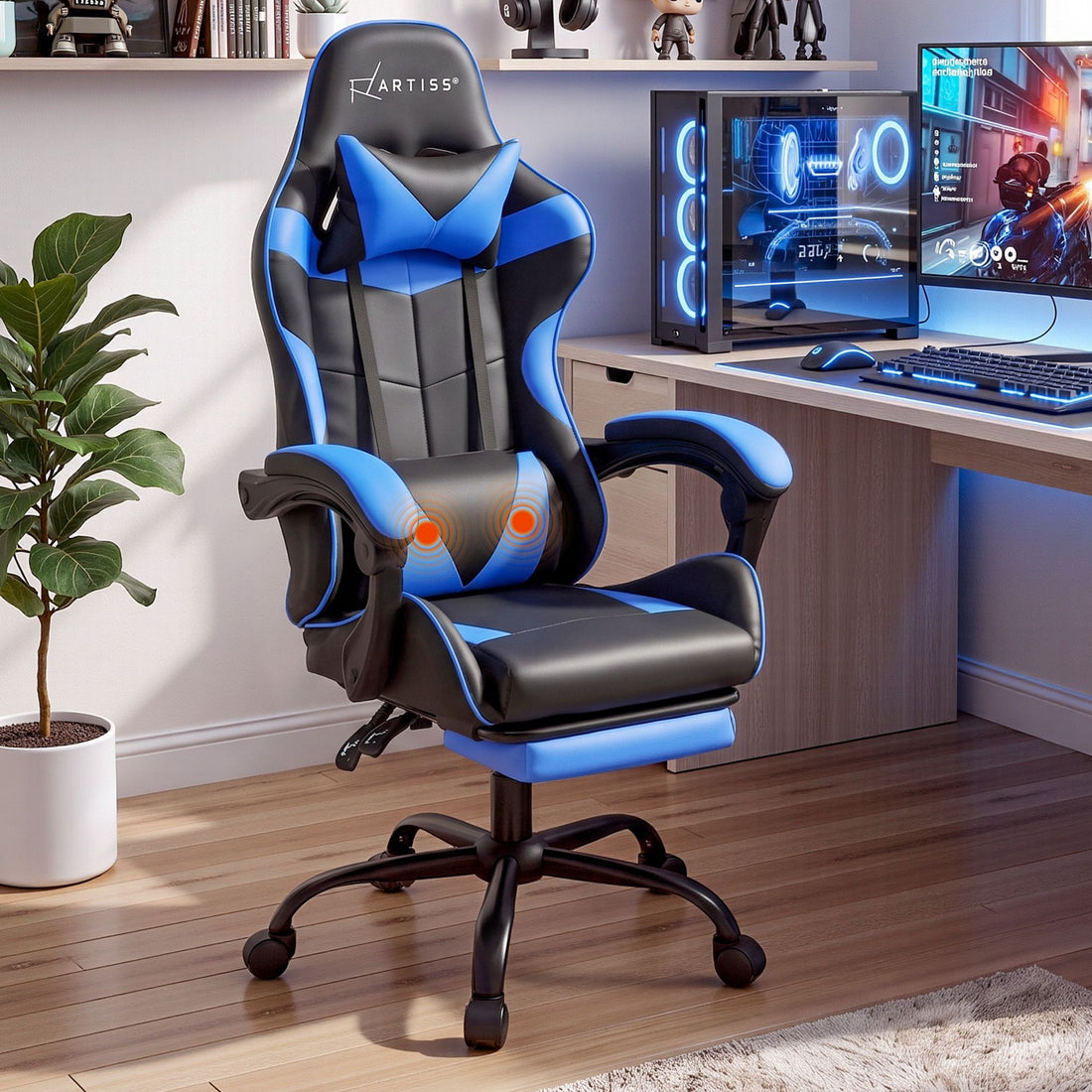 Artiss 2 Point Massage Gaming Office Chair Footrest Blue-Furniture > Office-PEROZ Accessories