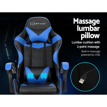 Artiss 2 Point Massage Gaming Office Chair Footrest Blue-Furniture &gt; Office-PEROZ Accessories