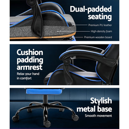 Artiss 2 Point Massage Gaming Office Chair Footrest Blue-Furniture &gt; Office-PEROZ Accessories