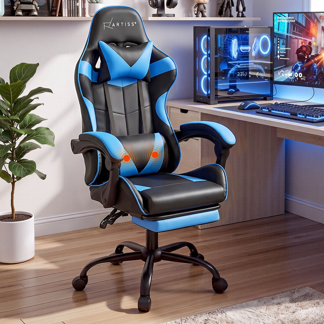 Artiss 2 Point Massage Gaming Office Chair Footrest Cyan Blue-Furniture > Bar Stools &amp; Chairs-PEROZ Accessories