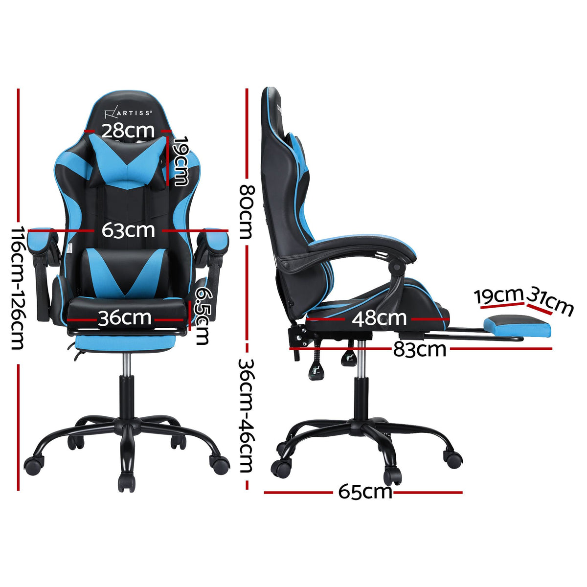 Artiss 2 Point Massage Gaming Office Chair Footrest Cyan Blue-Furniture > Bar Stools &amp; Chairs-PEROZ Accessories