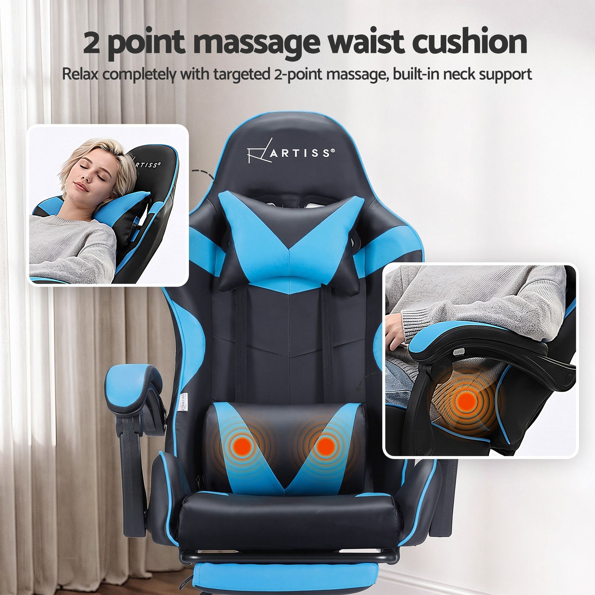 Artiss 2 Point Massage Gaming Office Chair Footrest Cyan Blue-Furniture > Bar Stools &amp; Chairs-PEROZ Accessories
