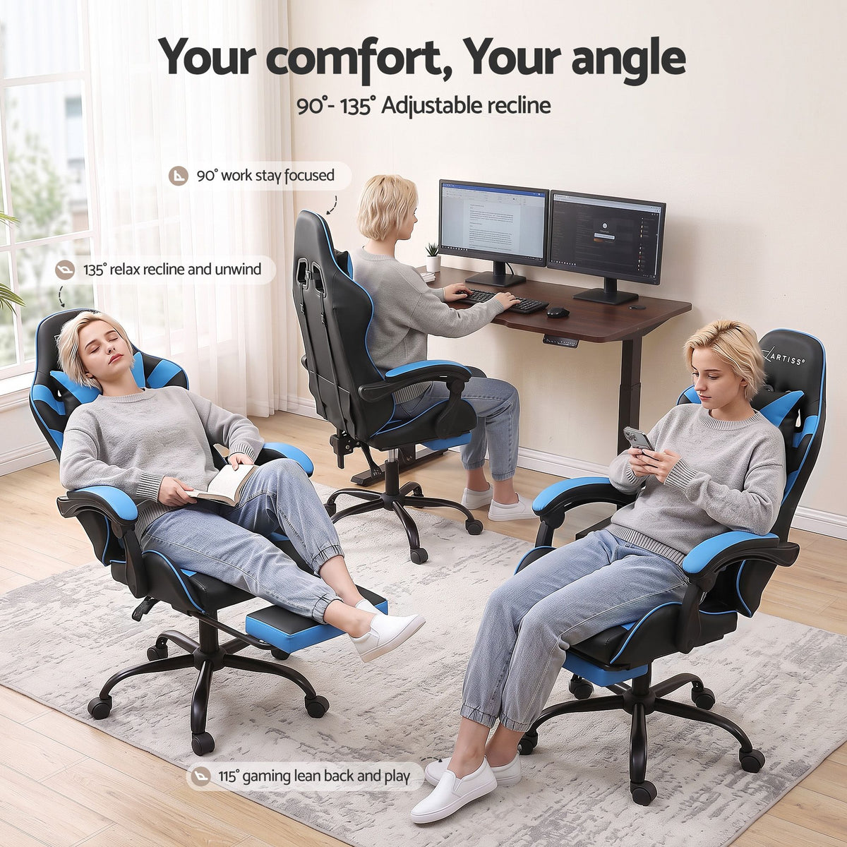 Artiss 2 Point Massage Gaming Office Chair Footrest Cyan Blue-Furniture > Bar Stools &amp; Chairs-PEROZ Accessories
