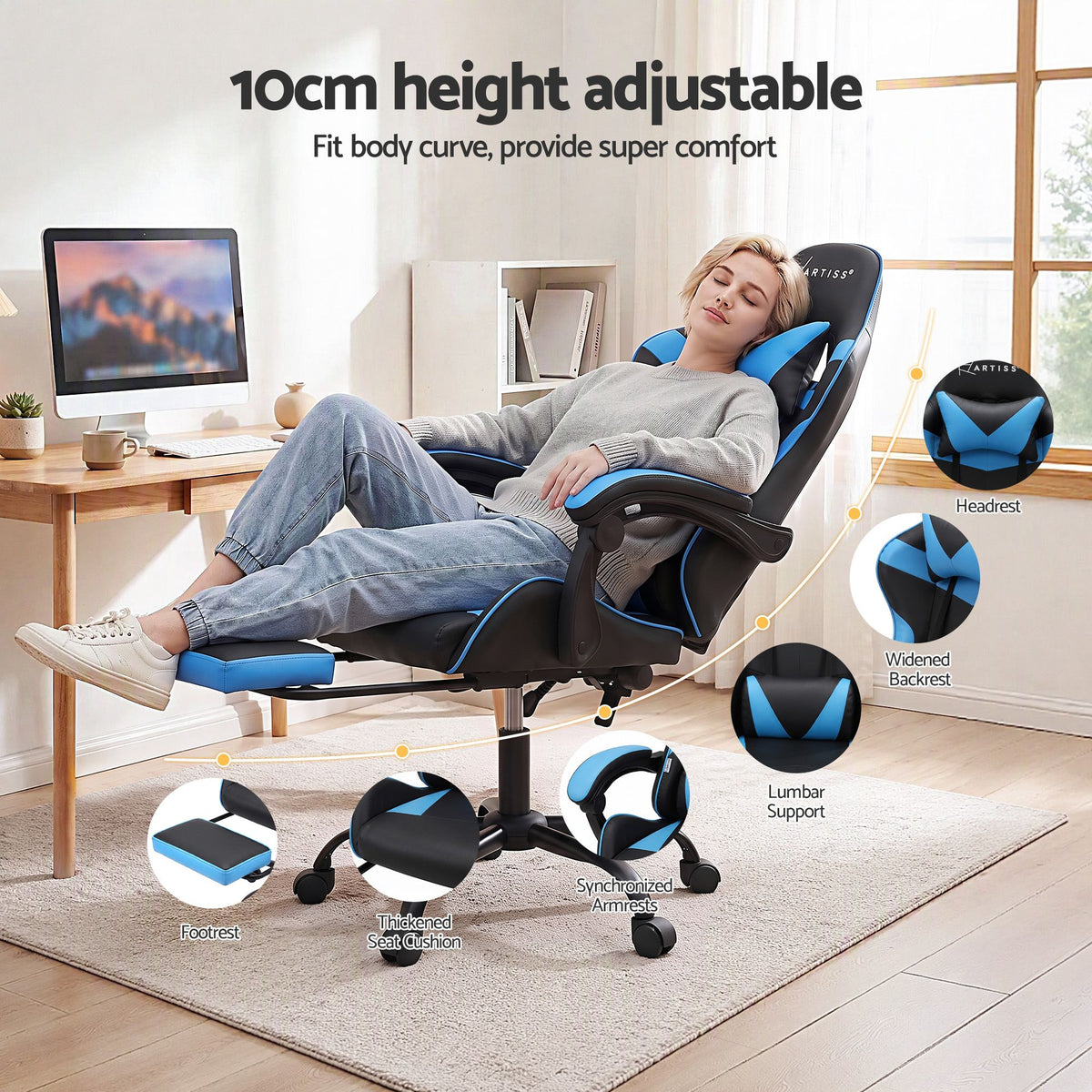 Artiss 2 Point Massage Gaming Office Chair Footrest Cyan Blue-Furniture > Bar Stools &amp; Chairs-PEROZ Accessories