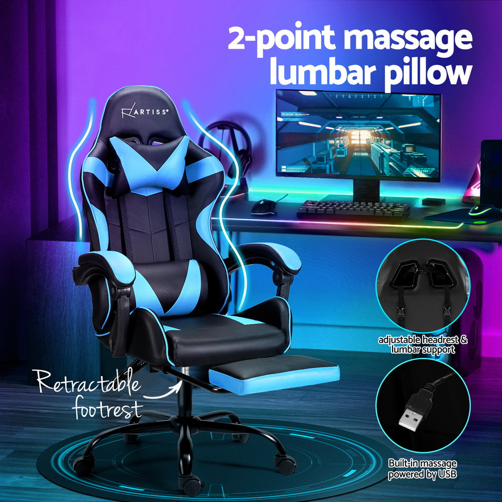 Artiss 2 Point Massage Gaming Office Chair Footrest Cyan Blue-Furniture &gt; Bar Stools &amp; Chairs-PEROZ Accessories