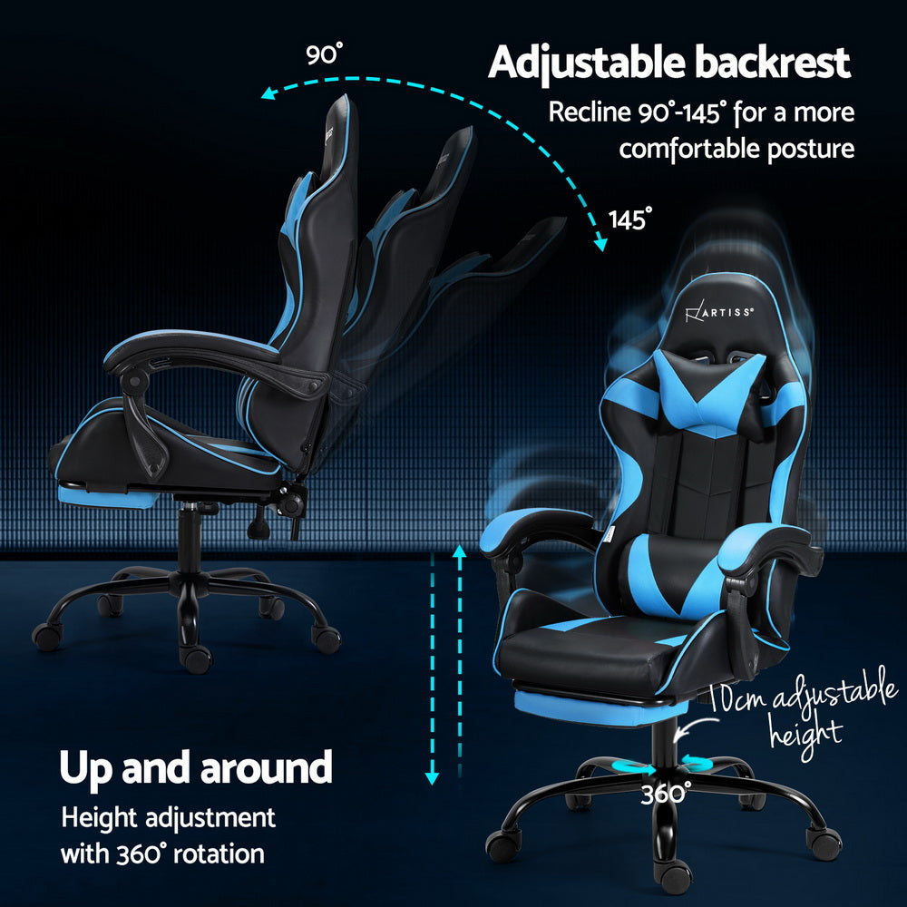 Artiss 2 Point Massage Gaming Office Chair Footrest Cyan Blue-Furniture &gt; Bar Stools &amp; Chairs-PEROZ Accessories