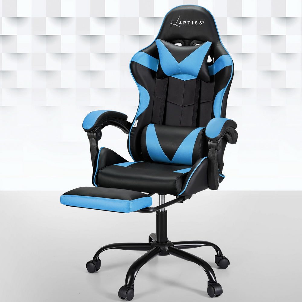 Artiss 2 Point Massage Gaming Office Chair Footrest Cyan Blue-Furniture &gt; Bar Stools &amp; Chairs-PEROZ Accessories