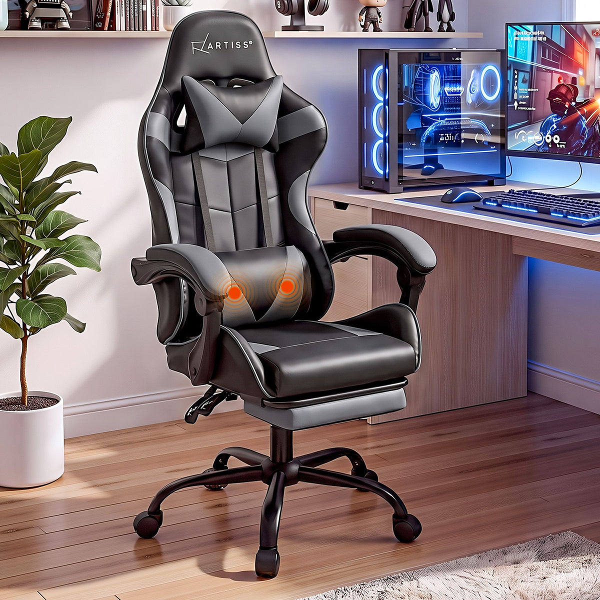 Artiss 2 Point Massage Gaming Office Chair Footrest Grey-Furniture > Bar Stools &amp; Chairs-PEROZ Accessories