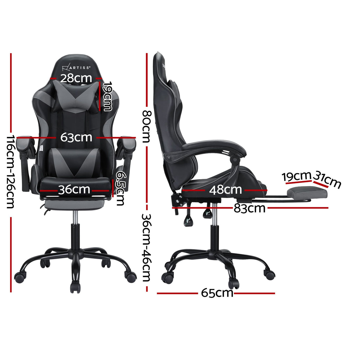 Artiss 2 Point Massage Gaming Office Chair Footrest Grey-Furniture > Bar Stools &amp; Chairs-PEROZ Accessories