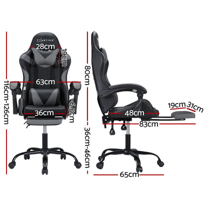 Artiss 2 Point Massage Gaming Office Chair Footrest Grey-Furniture > Bar Stools &amp; Chairs-PEROZ Accessories