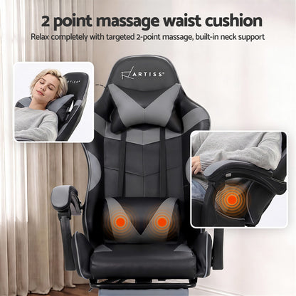 Artiss 2 Point Massage Gaming Office Chair Footrest Grey-Furniture > Bar Stools &amp; Chairs-PEROZ Accessories