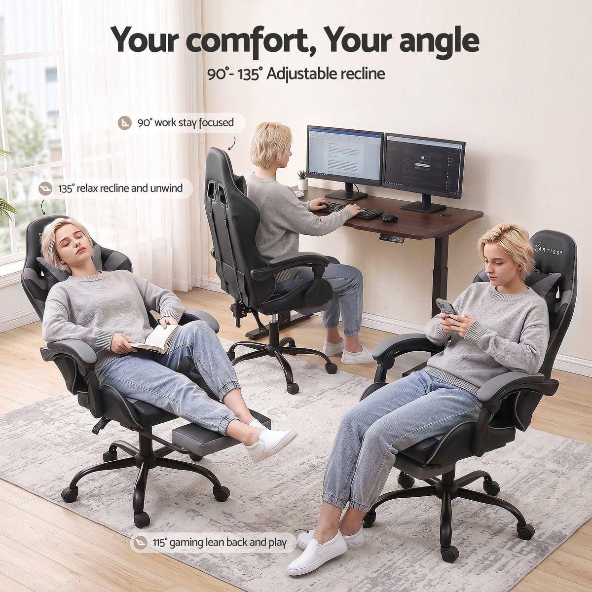 Artiss 2 Point Massage Gaming Office Chair Footrest Grey-Furniture > Bar Stools &amp; Chairs-PEROZ Accessories