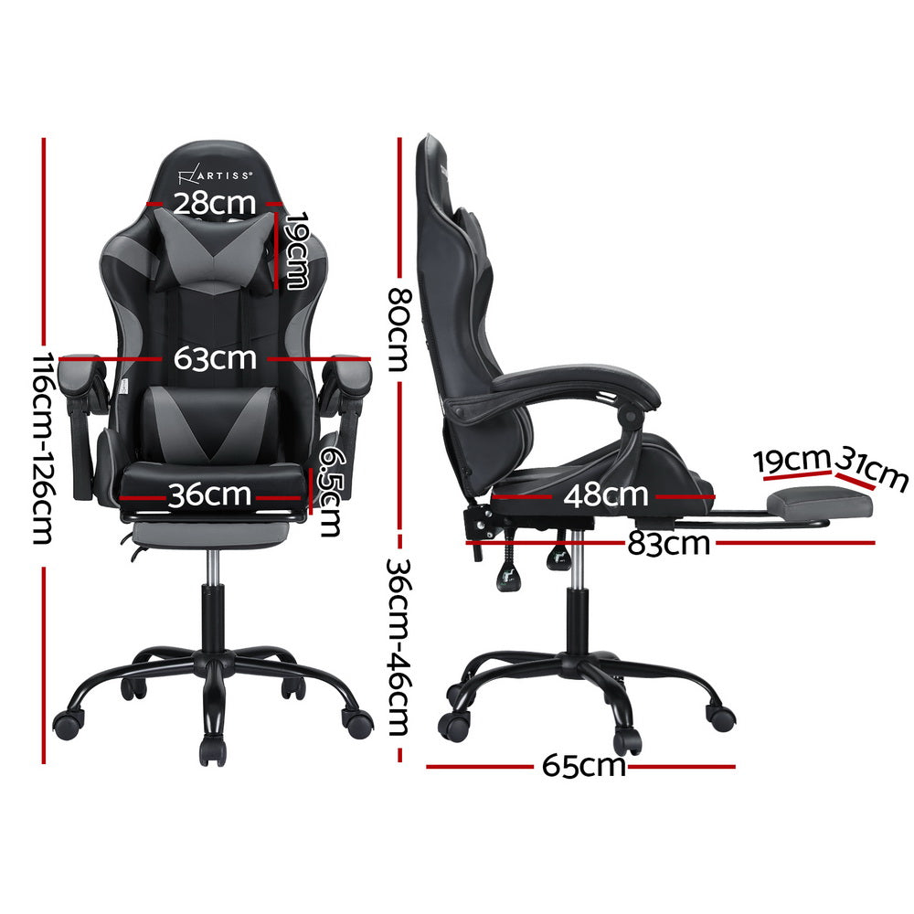 Artiss 2 Point Massage Gaming Office Chair Footrest Grey-Furniture &gt; Bar Stools &amp; Chairs-PEROZ Accessories