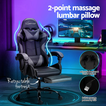 Artiss 2 Point Massage Gaming Office Chair Footrest Grey-Furniture &gt; Bar Stools &amp; Chairs-PEROZ Accessories