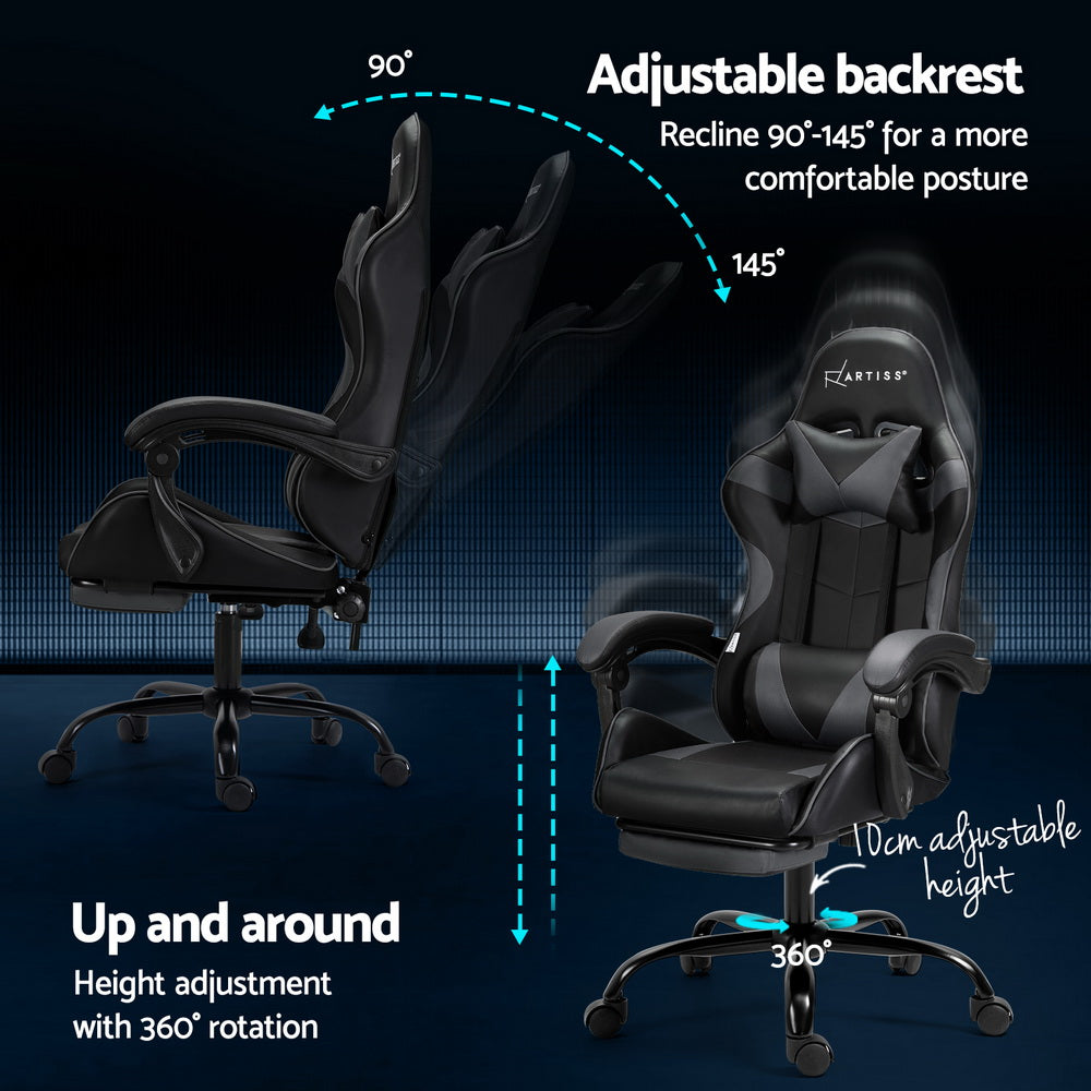 Artiss 2 Point Massage Gaming Office Chair Footrest Grey-Furniture &gt; Bar Stools &amp; Chairs-PEROZ Accessories