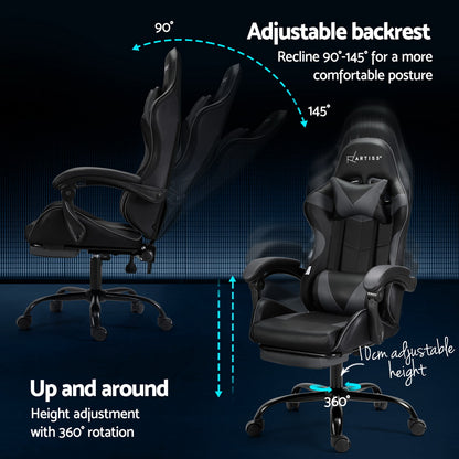 Artiss 2 Point Massage Gaming Office Chair Footrest Grey-Furniture &gt; Bar Stools &amp; Chairs-PEROZ Accessories