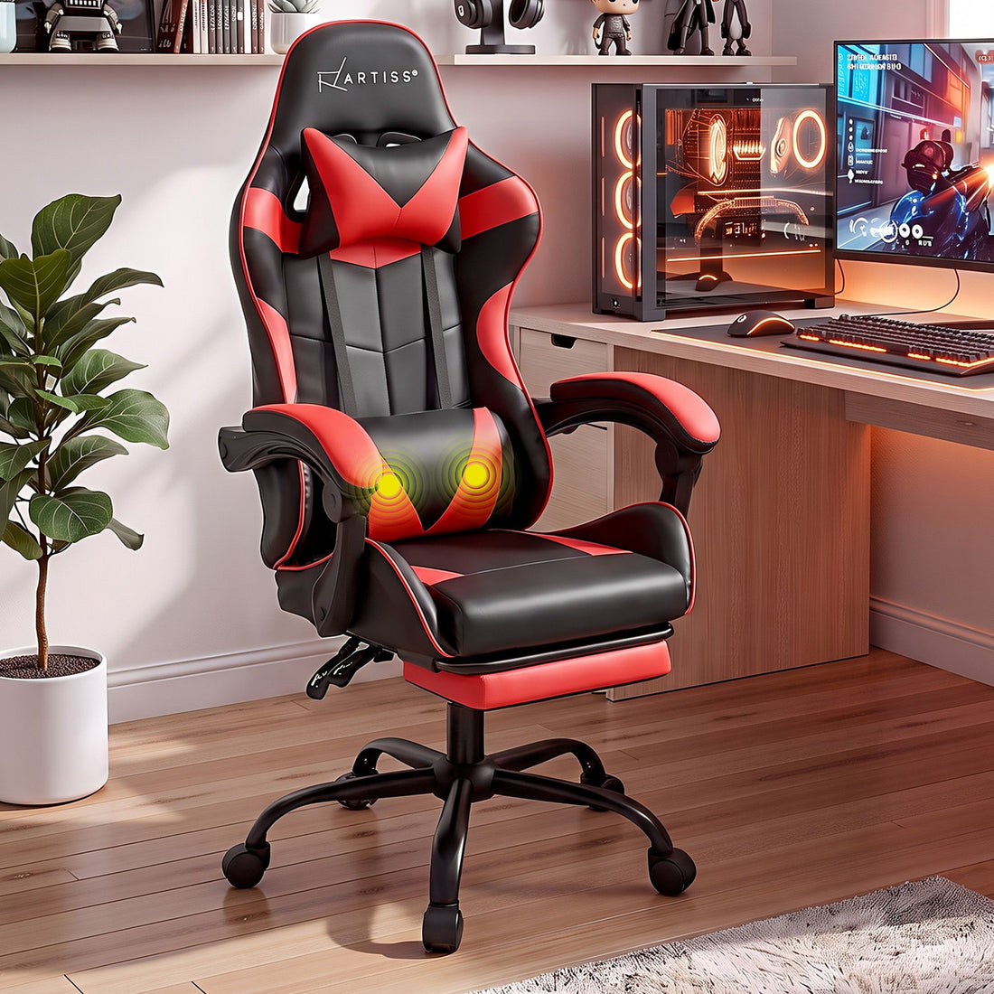Artiss 2 Point Massage Gaming Office Chair Footrest Red-Furniture > Bar Stools &amp; Chairs-PEROZ Accessories