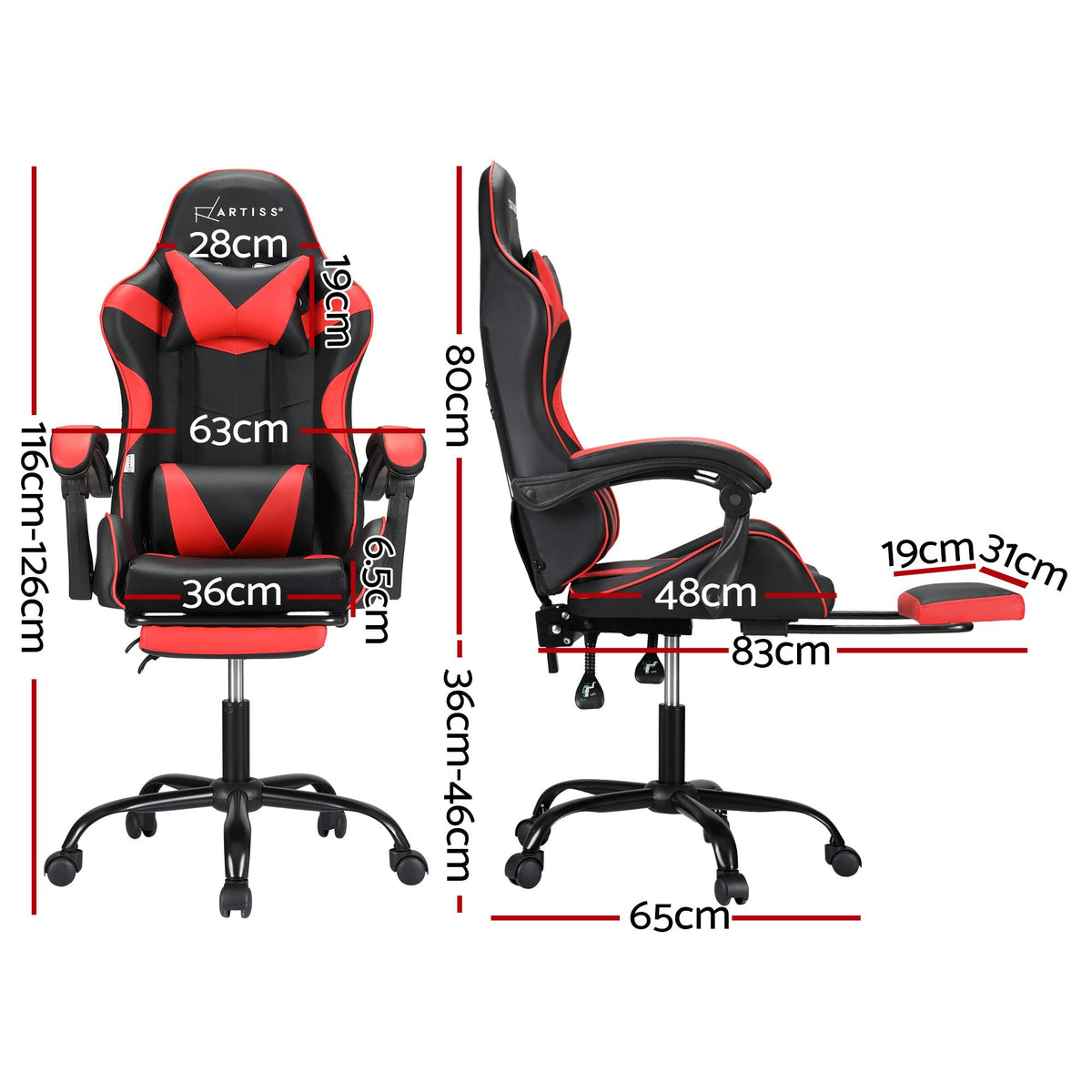 Artiss 2 Point Massage Gaming Office Chair Footrest Red-Furniture > Bar Stools &amp; Chairs-PEROZ Accessories