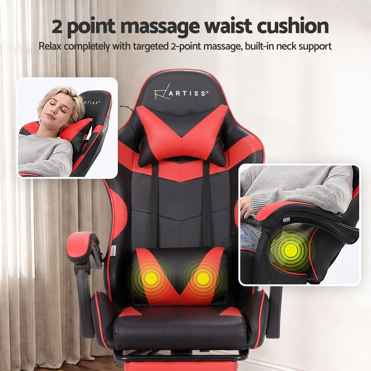 Artiss 2 Point Massage Gaming Office Chair Footrest Red-Furniture > Bar Stools &amp; Chairs-PEROZ Accessories
