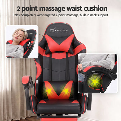 Artiss 2 Point Massage Gaming Office Chair Footrest Red-Furniture > Bar Stools &amp; Chairs-PEROZ Accessories