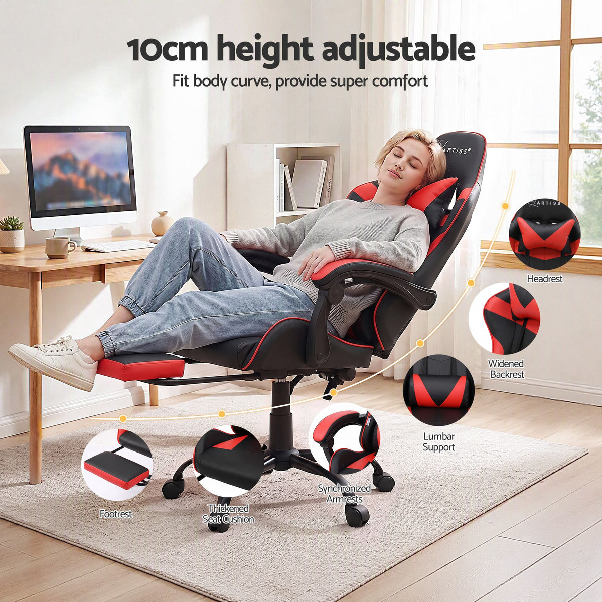 Artiss 2 Point Massage Gaming Office Chair Footrest Red-Furniture > Bar Stools &amp; Chairs-PEROZ Accessories