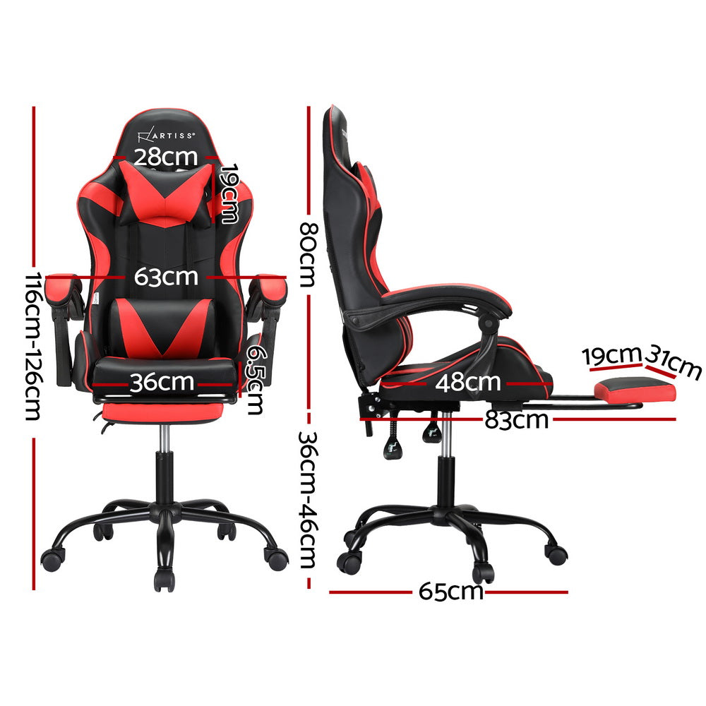 Artiss 2 Point Massage Gaming Office Chair Footrest Red-Furniture &gt; Bar Stools &amp; Chairs-PEROZ Accessories