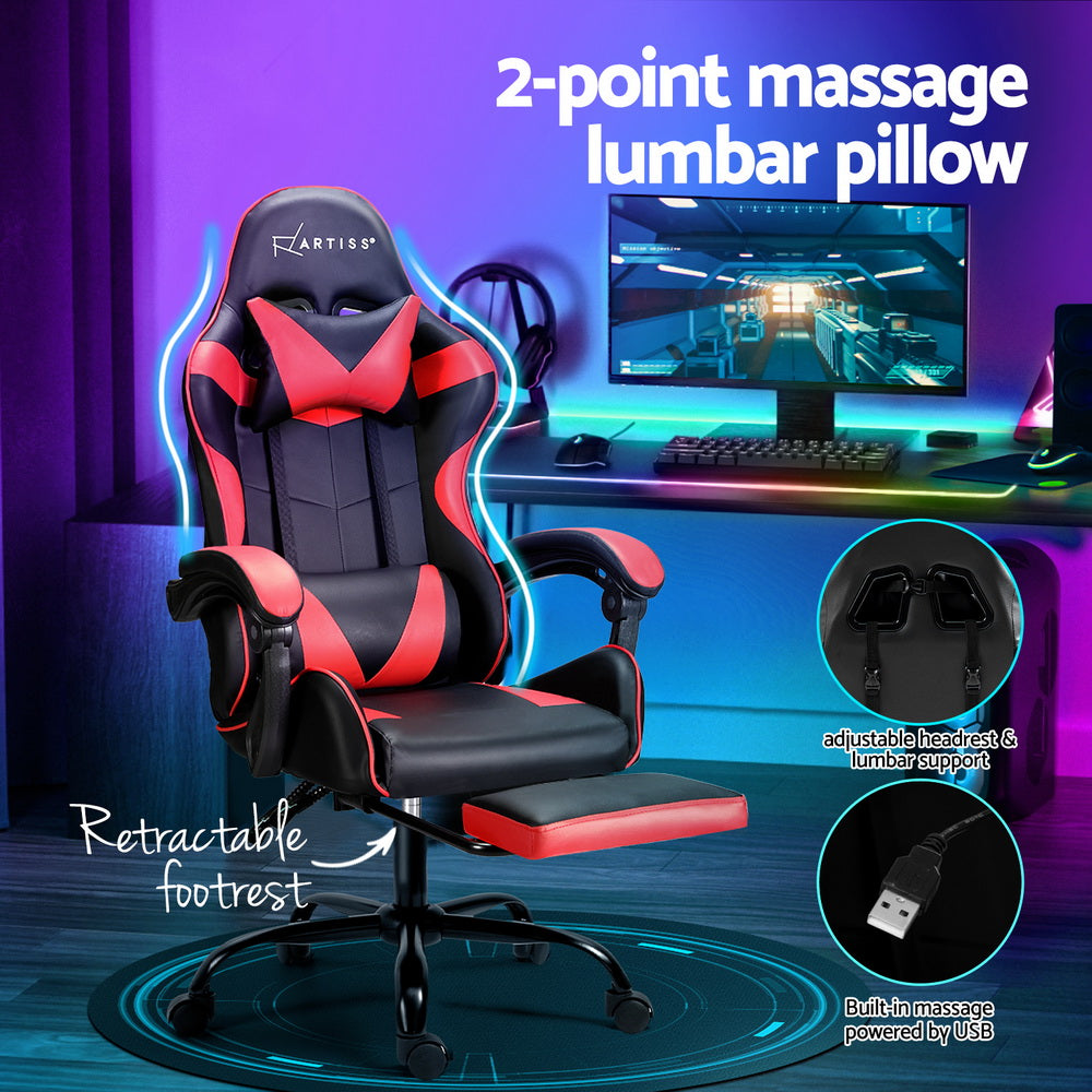 Artiss 2 Point Massage Gaming Office Chair Footrest Red-Furniture &gt; Bar Stools &amp; Chairs-PEROZ Accessories