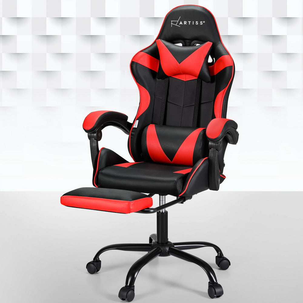 Artiss 2 Point Massage Gaming Office Chair Footrest Red-Furniture &gt; Bar Stools &amp; Chairs-PEROZ Accessories