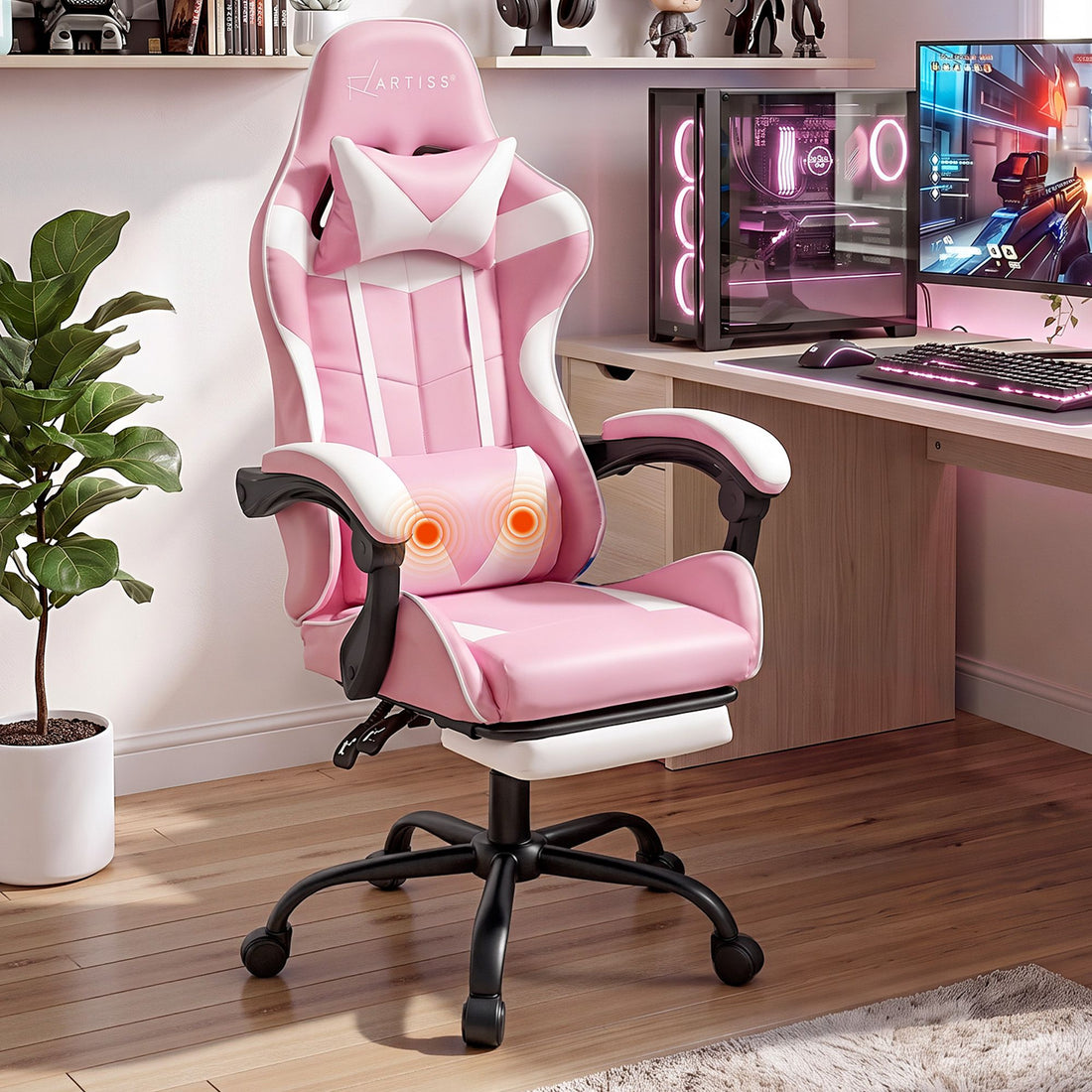 Artiss 2 Point Massage Gaming Office Chair Footrest Pink-Furniture > Bar Stools &amp; Chairs-PEROZ Accessories