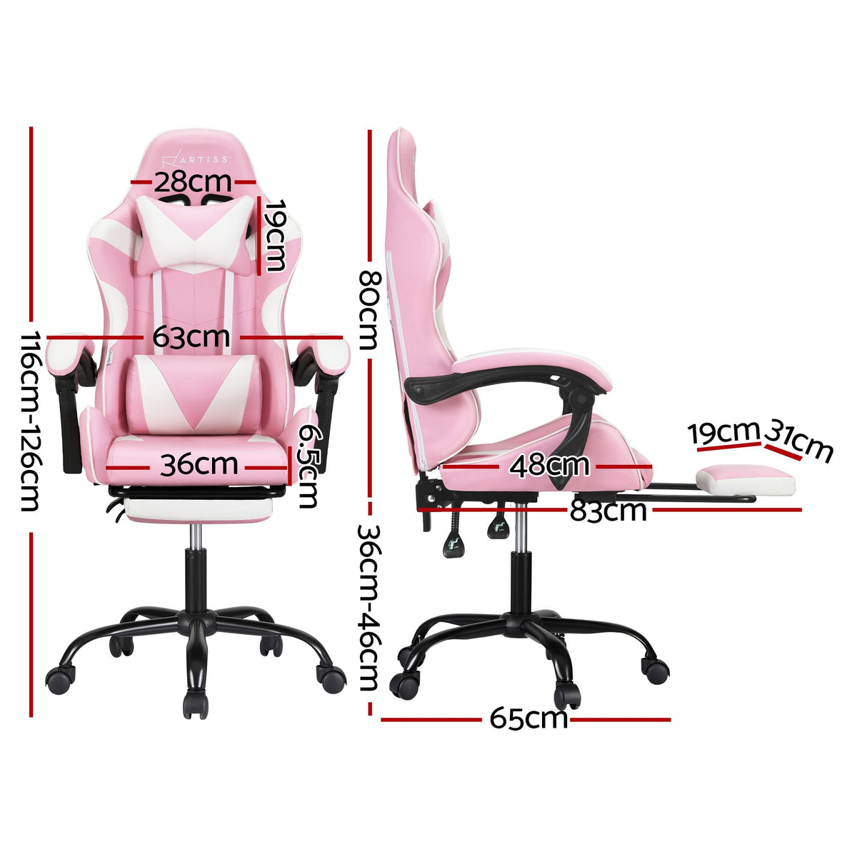 Artiss 2 Point Massage Gaming Office Chair Footrest Pink-Furniture > Bar Stools &amp; Chairs-PEROZ Accessories