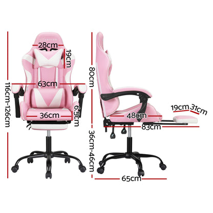 Artiss 2 Point Massage Gaming Office Chair Footrest Pink-Furniture > Bar Stools &amp; Chairs-PEROZ Accessories