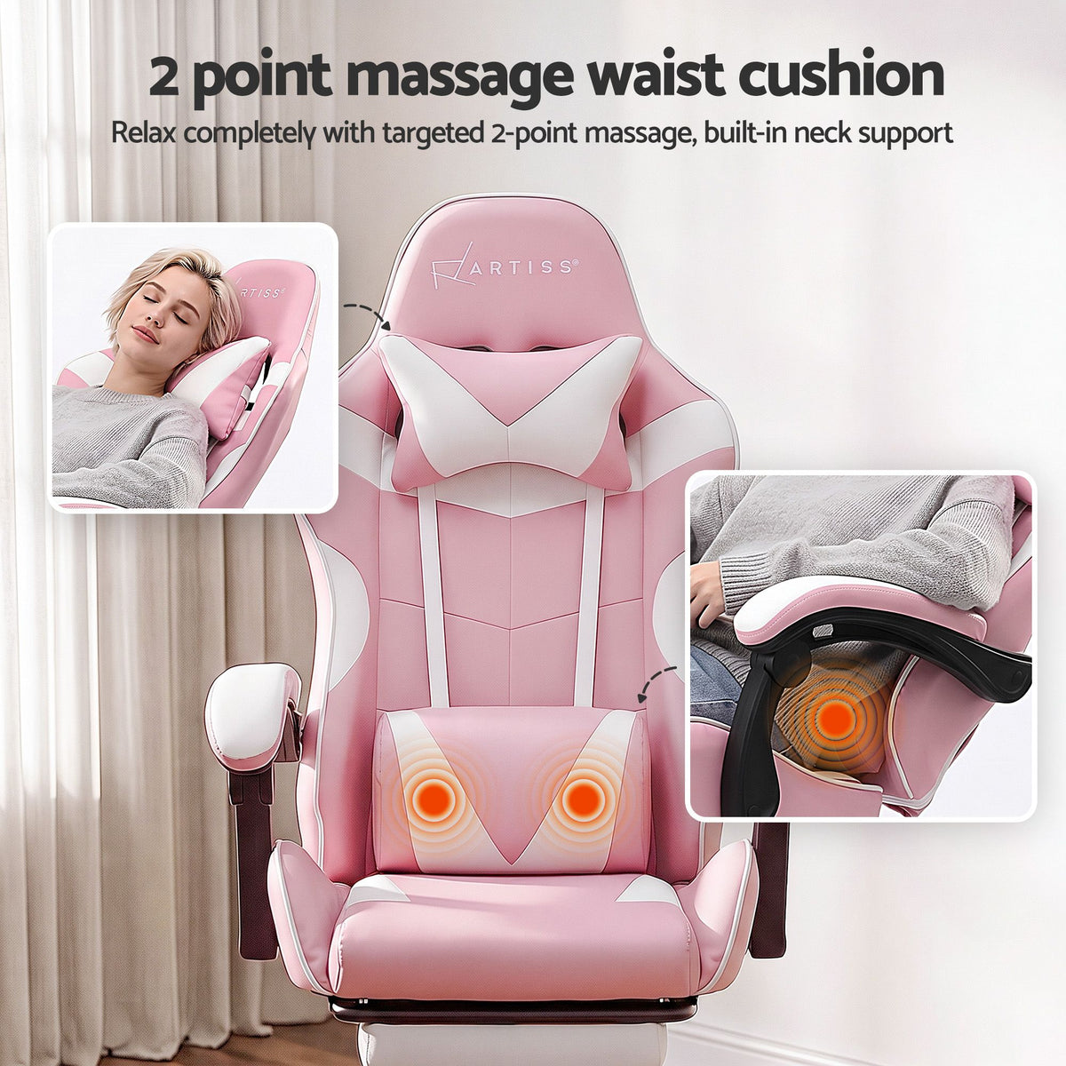 Artiss 2 Point Massage Gaming Office Chair Footrest Pink-Furniture > Bar Stools &amp; Chairs-PEROZ Accessories