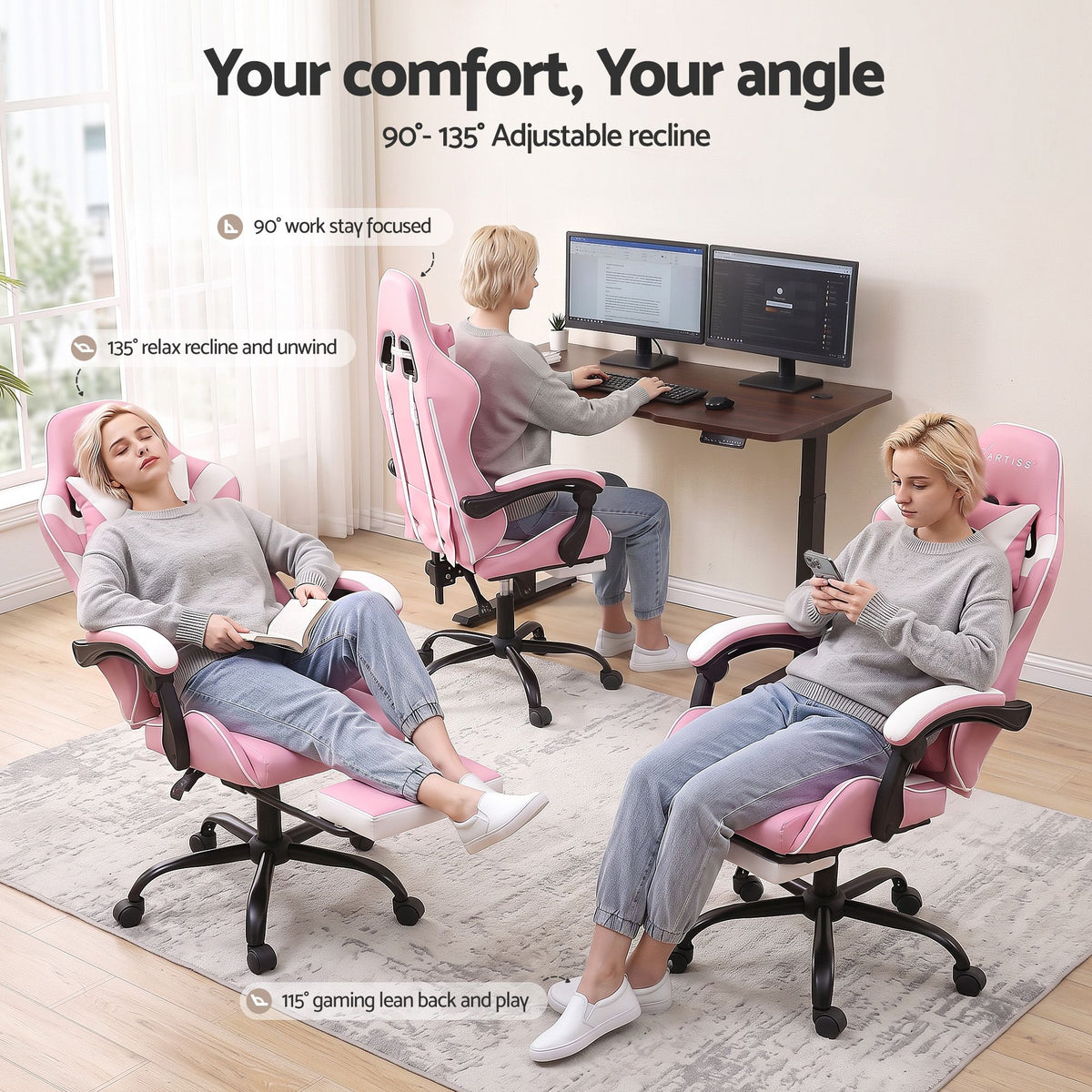 Artiss 2 Point Massage Gaming Office Chair Footrest Pink-Furniture > Bar Stools &amp; Chairs-PEROZ Accessories