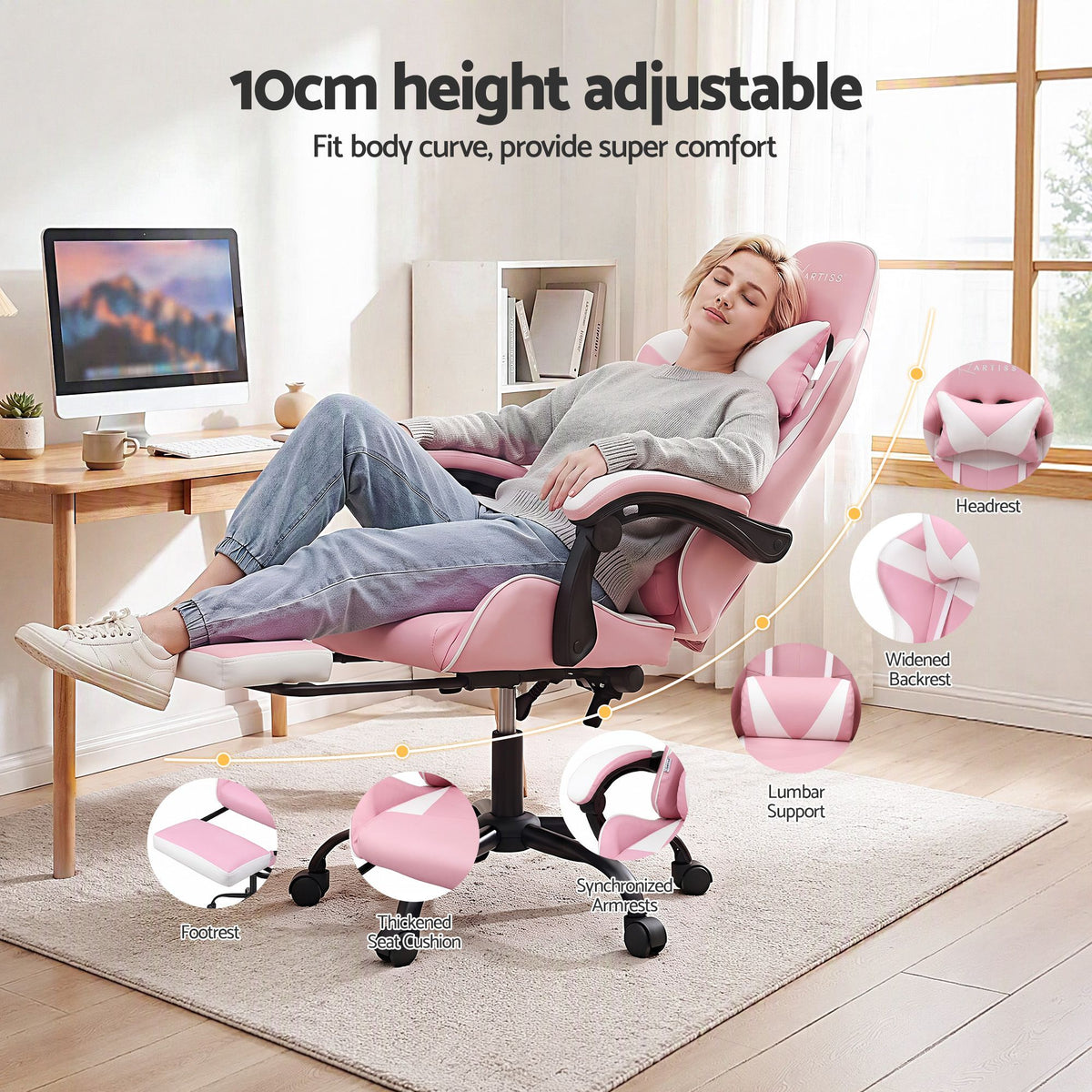 Artiss 2 Point Massage Gaming Office Chair Footrest Pink-Furniture > Bar Stools &amp; Chairs-PEROZ Accessories