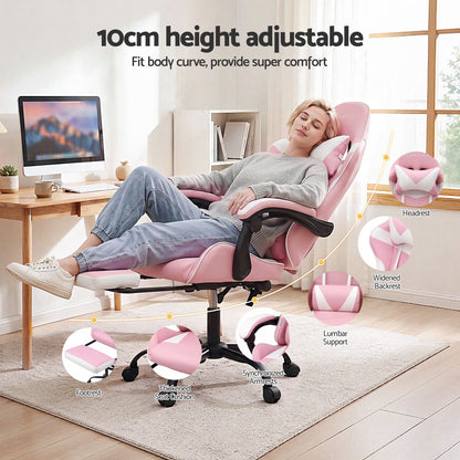 Artiss 2 Point Massage Gaming Office Chair Footrest Pink-Furniture > Bar Stools &amp; Chairs-PEROZ Accessories