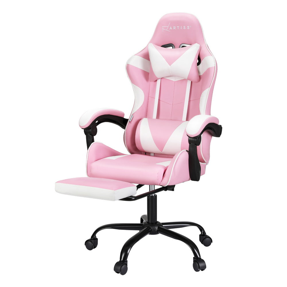 Artiss 2 Point Massage Gaming Office Chair Footrest Pink-Furniture &gt; Bar Stools &amp; Chairs-PEROZ Accessories