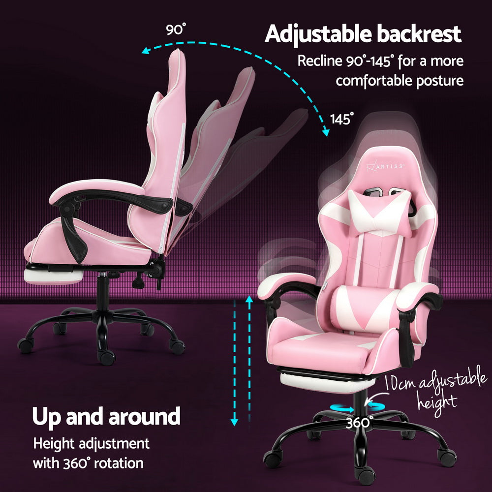 Artiss 2 Point Massage Gaming Office Chair Footrest Pink-Furniture &gt; Bar Stools &amp; Chairs-PEROZ Accessories