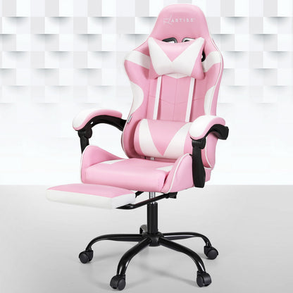 Artiss 2 Point Massage Gaming Office Chair Footrest Pink-Furniture &gt; Bar Stools &amp; Chairs-PEROZ Accessories