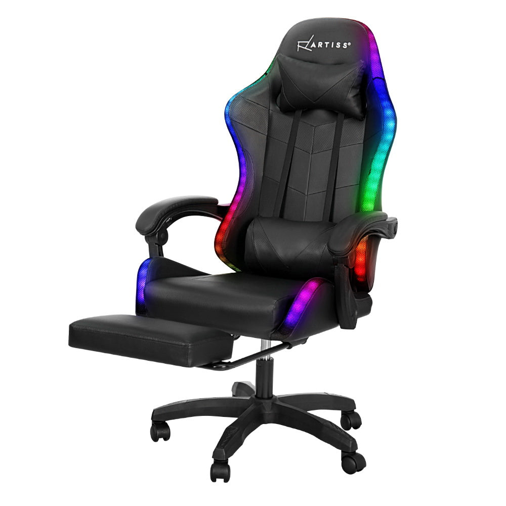 Artiss 6 Point Massage Gaming Office Chair 7 LED Footrest Black-Furniture &gt; Office-PEROZ Accessories