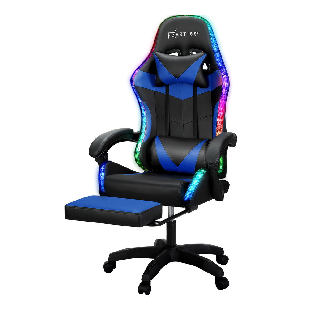Artiss 6 Point Massage Gaming Office Chair 7 LED Footrest Blue-Furniture &gt; Bar Stools &amp; Chairs-PEROZ Accessories