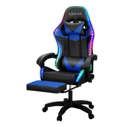 Artiss 6 Point Massage Gaming Office Chair 7 LED Footrest Blue-Furniture &gt; Bar Stools &amp; Chairs-PEROZ Accessories